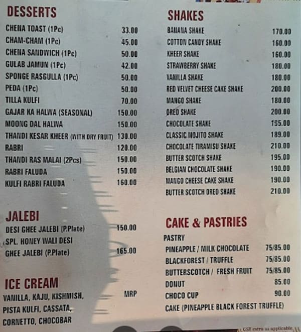 sindhu dhaba menu desserts and jalebi price